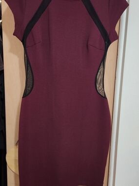 Guess Burgundy Bodycon Dress with Black Mesh Insets